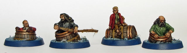 Balin, Thorin, Bilbo and Dwalin in barrels